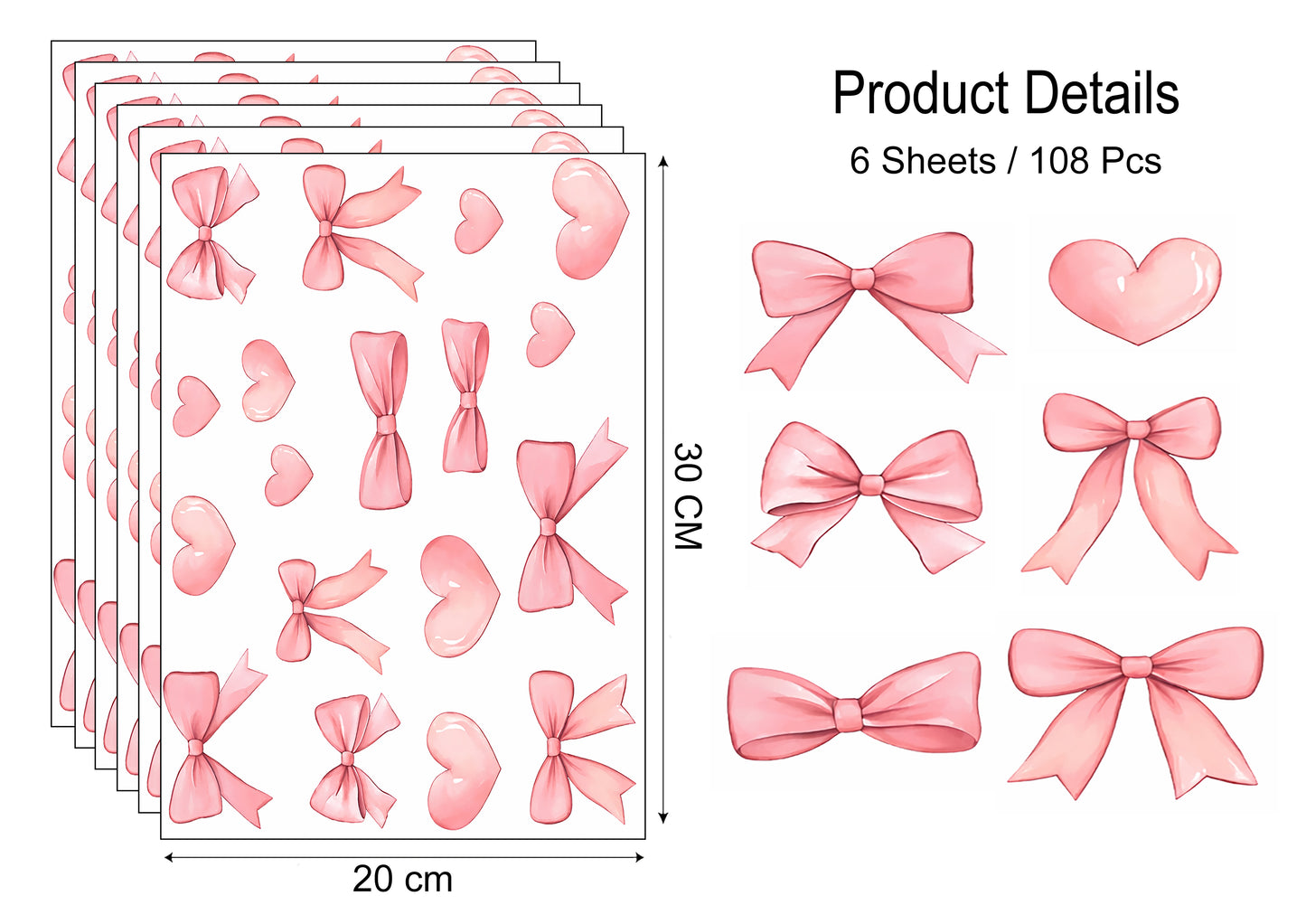 Blush Bow and Heart Wall Stickers - Glossy Peel and Stick Girls Room Decor