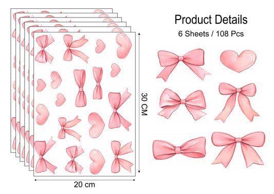 Blush Bow and Heart Wall Stickers - Glossy Peel and Stick Girls Room Decor