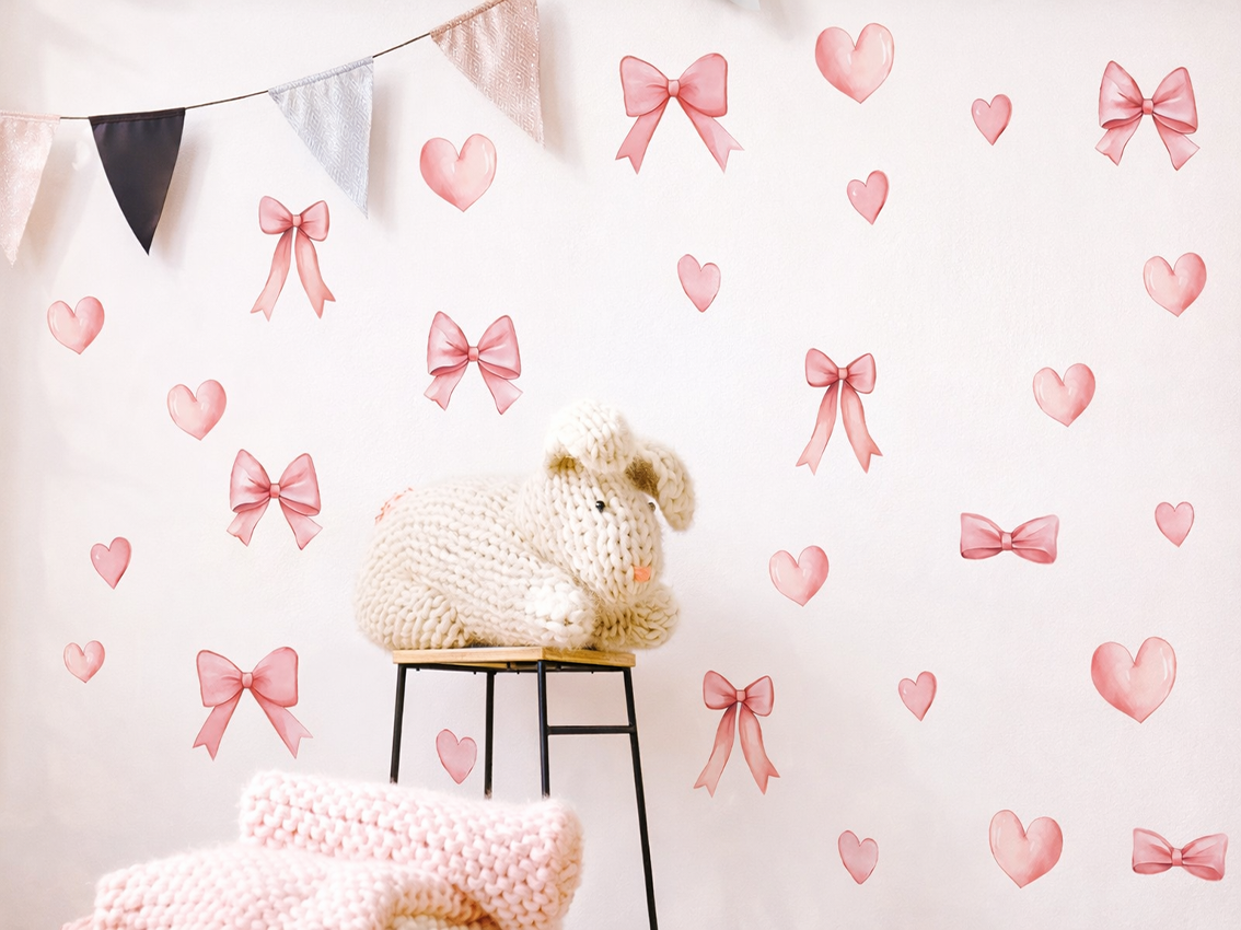 Blush Bow and Heart Wall Stickers - Glossy Peel and Stick Girls Room Decor